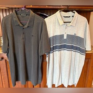 Travis Mathew men’s set of golf polos (2). Sharp grey & blue striped w/logos.